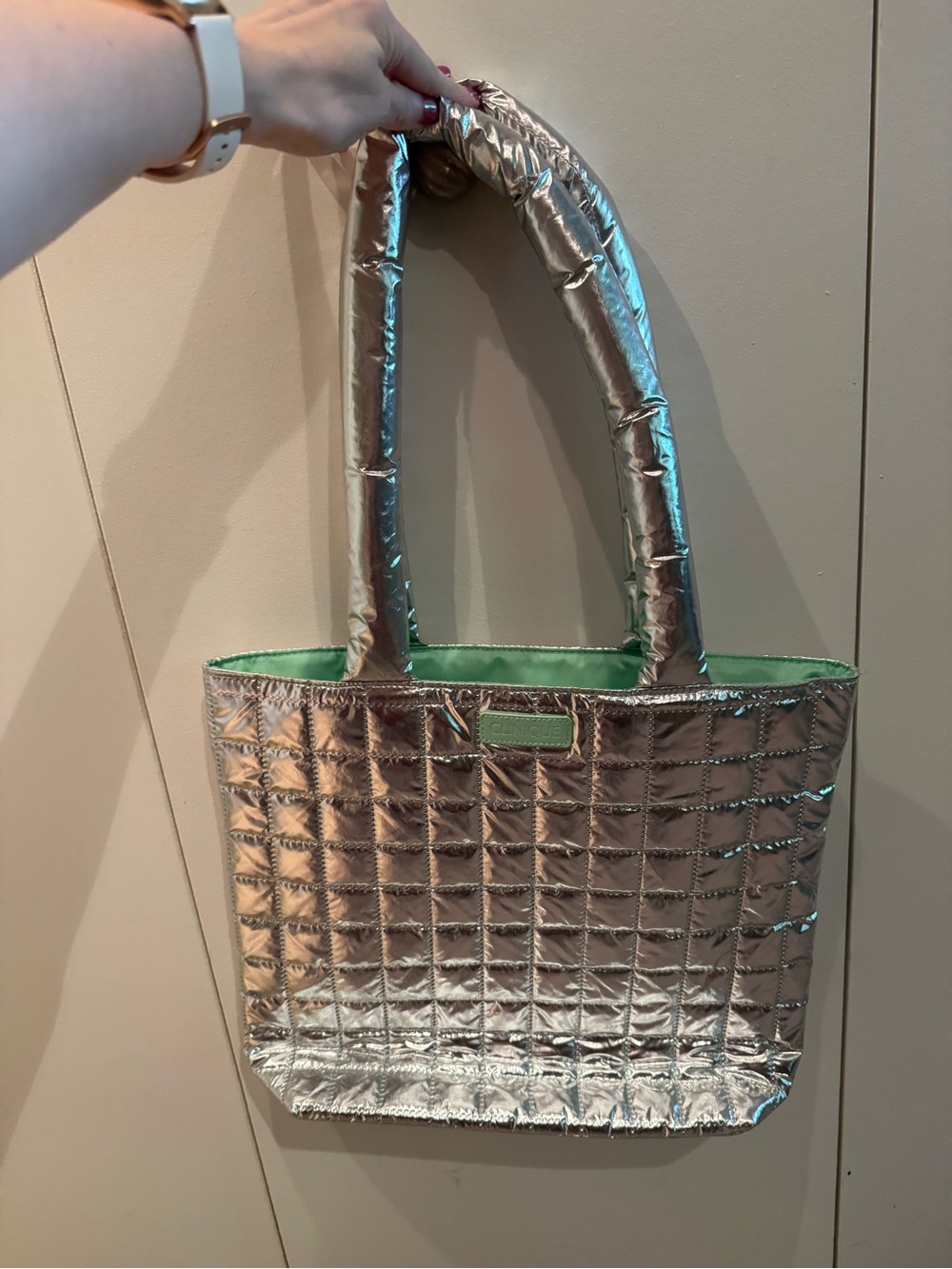 Clinique Metallic Silver Quilted Tote with Mint Green Interior